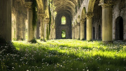 Obraz premium Serene Ruins with Columns and Lush Greenery Beneath a Canopy