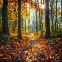 Fototapeta premium Serene Autumn Forest Trail with Golden Foliage and Sunlit Canopy Inviting Tranquil Nature Walk
