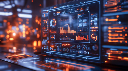 Fototapeta premium Futuristic digital interface with data visualizations, charts, and analytics on a high-tech screen, symbolizing technology and innovation
