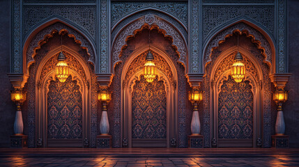 Fototapeta premium Intricately designed archways with ornate patterns and glowing lanterns in a mystical setting