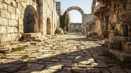 Obraz premium Ancient Marketplace Square with Stone Pathway and Arched Structures