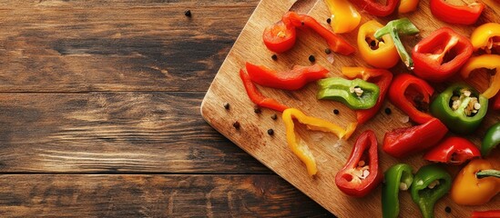 Colorful assortment of sliced red yellow green bell peppers arranged on a wooden cutting board with peppercorns scattered on a rustic background