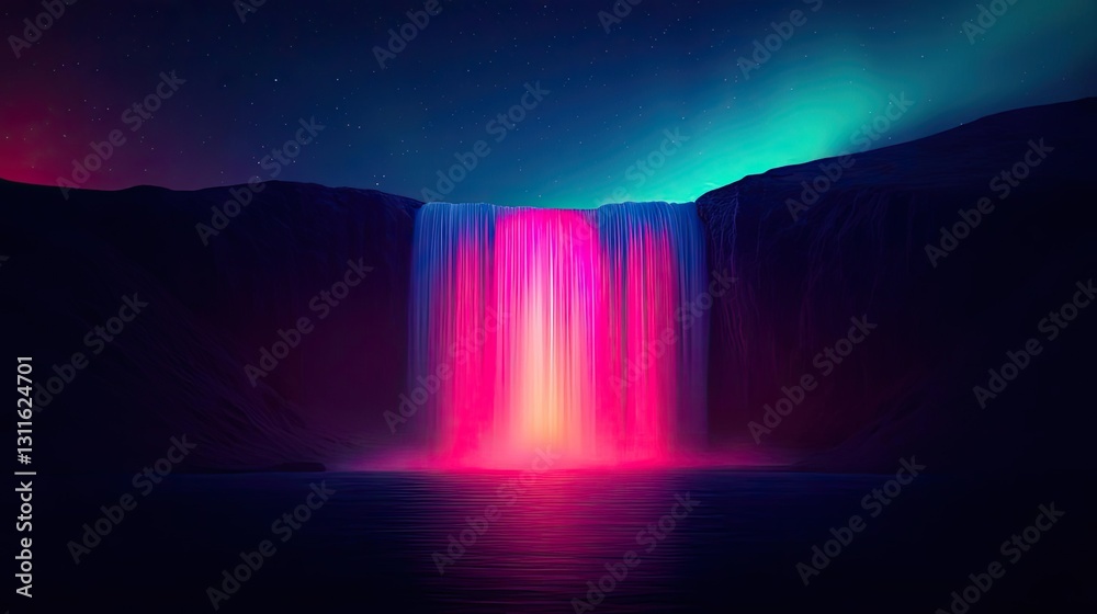 Poster aurora borealis northern lights concept. a vivid waterfall illuminated by colorful lights, creating 
