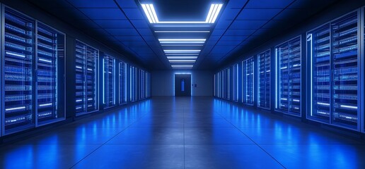 Fototapeta premium Modern Server Room Corridor with Blue Lighting