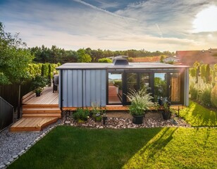 modern tiny house with a garden and a small backyard