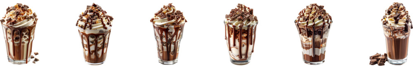 Ice-cream in glass with chocolates on transparent background collection set