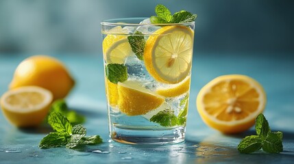 Fototapeta premium A glass of water with mint and lemon slices, green mint on light blue background. Minimalist healthy lifestyle concept