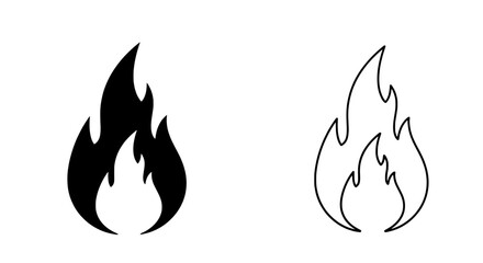 Fiery Icons: A set of two minimalist fire icons, one solid and one outlined, represent powerful energy, danger, warmth, and the element of fire. Suitable for design.