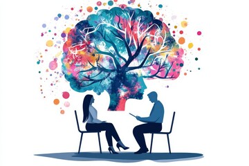 Colorful Mind Tree Therapy Session Mental Health Colorful Abstract Art man head brain woman doctor  