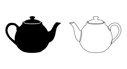 Tea Pot Pair: contrasting pair of teapots, one rendered in solid black, the other in crisp outline, highlighting their iconic forms and inviting contemplation.