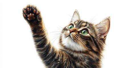 An exquisite tabby cat with captivating green eyes. Its fur blends shades of brown, black, and white, while the tail lightens to a warm brown hue. Rich, realistic detailing enhances its charm