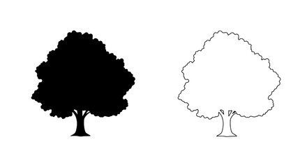 Tree Silhouette Icon Set: A versatile set of tree silhouette icons, including a black silhouette and a white outline, perfect for various design applications.