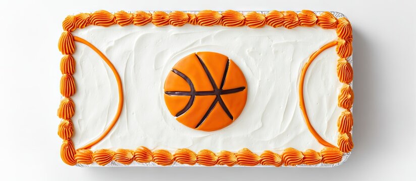 White iced rectangular basketball-themed sheet cake featuring a central orange basketball decoration with burnt orange borders on a white background.