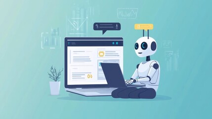 A sleek robot sits in a futuristic setting, typing on a laptop. The minimalistic background with soft blue tones and tech-inspired graphics enhances the high-tech theme. Ideal for technology, AI, or