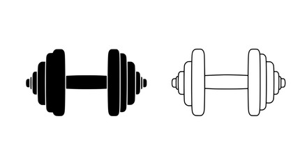 Dumbbell Icon Set: A simple yet powerful set of dumbbell icons in both solid black and outline styles, ideal for fitness, gym, health, and wellness apps, websites, and graphics.