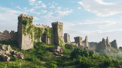 Fototapeta premium Overgrown Earthen Ramparts Ruins Surrounded by Lush Weeds