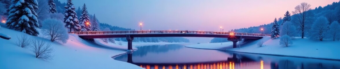 Softly lit bridge crossing over a snowy frozen landscape, calm, quiet