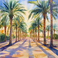 Lush palm tree pathway under a vibrant sky, casting long shadows on a sunlit walkway
