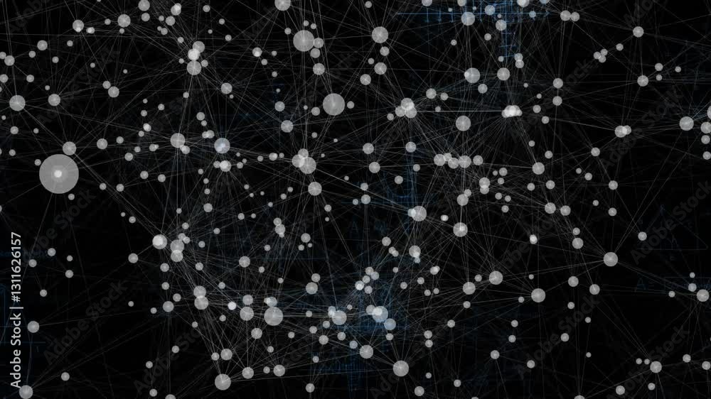 Poster animation of interconnected nodes and lines forming complex pattern on dark background