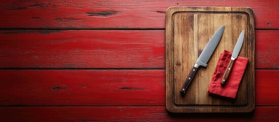 Obraz premium Rustic wooden cutting board with two knives placed on a vibrant red kitchen table alongside a folded red napkin and ample space for text.