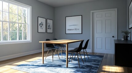 Modern dining room interior, bright,  sunlit,  furnished.  Ideal for real estate, home decor, or interior design