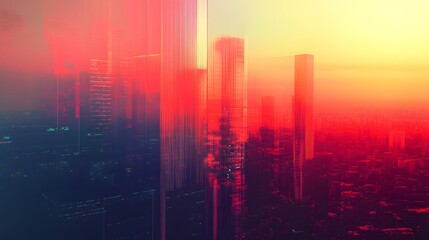 Futuristic abstract cityscape with vibrant sunset color scheme and tall buildings