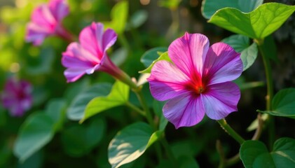 Fototapeta premium Star-shaped flowers of Ipomoea tricolor morning glory on a vine, flowering plant, foliage