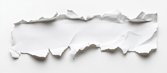 Fototapeta premium Torn white paper strip on a bright white background with jagged edges creating negative space for text or design elements