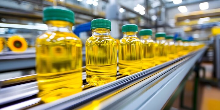 Sunflower oil production bottling process factory industrial workflow indoor environment close-up view manufacturing efficiency