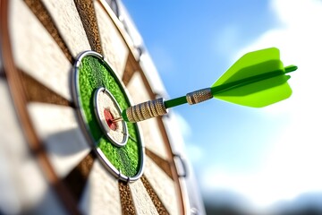 Precision darts hitting target center outdoor sky setting photography aerial view focus on green arrows