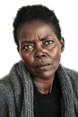 Obraz premium Woman with serious expression looking at camera, isolated on white background, conveying emotion and strength, portrait of middle-aged female in casual attire.