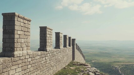 Fototapeta premium Stone Sentry Posts Along a Scenic Wall in a Peaceful Landscape