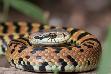 Obraz premium Close-up of a vibrant non-venomous snake coiled on the ground with intricate patterns.