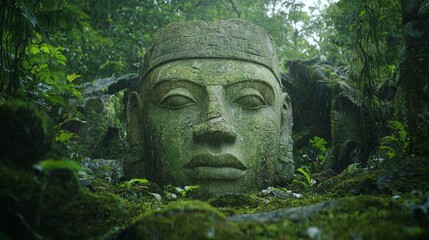 Fototapeta premium Enormous Carved Heads Half-Buried in Lush Jungle Environment
