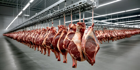 Meat processing action cold storage facility industry content refrigerated environment wide meat production concept