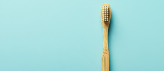 Bamboo toothbrush positioned left on a mint blue background with ample copy space ideal for eco-friendly product promotions and advertisements.