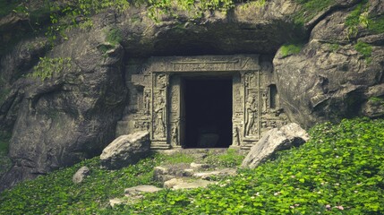 Intricate Carvings on Tomb Entrance Nestled in Cliffside Landscape