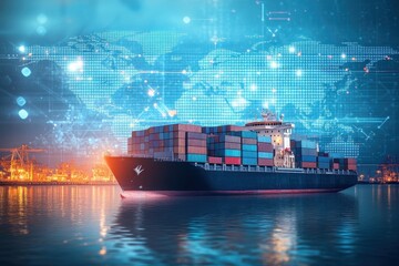 Digital world map backdrop highlighting global trade, with a cargo ship and containers in the harbor