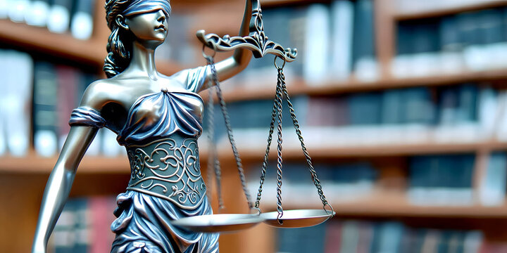 Justice symbol lady justice statue in library 3d content legal environment artistic