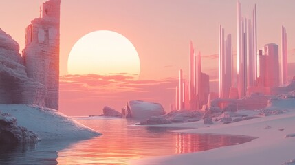Obraz premium A breathtaking futuristic landscape featuring tall, crystalline structures by a calm water body at sunset. The soft, warm glow of the sun and the surreal environment evoke a sense of wonder and