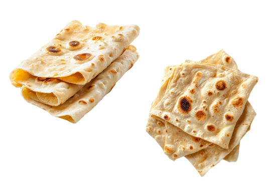 Freshly baked flatbreads displayed in a visually appealing manner  isolated on white background and transparent background