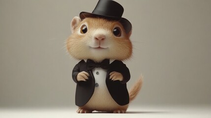 Fototapeta premium An endearing prairie dog, attired in a tuxedo and top hat, stands upright in formal wear