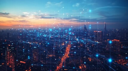 Fototapeta premium A vibrant cityscape at dusk with a dynamic overlay of glowing data points and connecting lines, symbolizing advanced urban networking and futuristic technology concepts.. AI Generation
