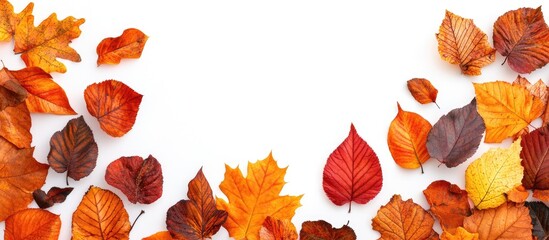 Obraz premium Autumn leaves in vibrant orange, red, yellow, and brown scattered artistically across a clean white background creating a seasonal atmosphere.
