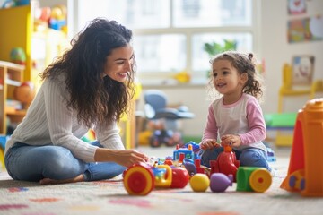 Child development specialist observing a little girl playing with toys in a bright playroom