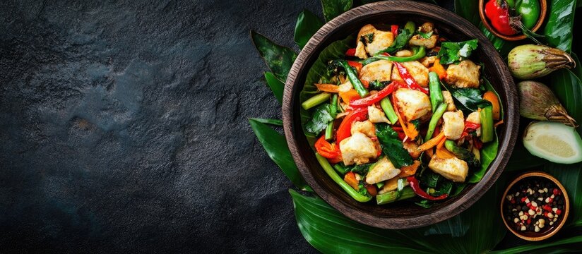 Traditional Balinese Tipat Contok dish with vibrant steamed vegetables in a wooden bowl on dark stone background, ample copy space on the right