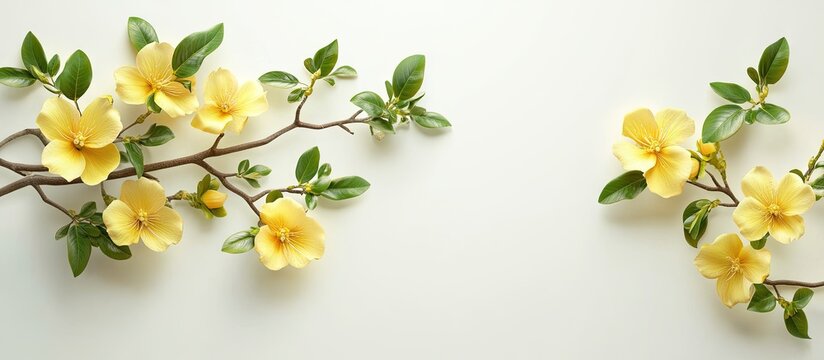 Delicate Tipuana tipu branch with vibrant yellow flowers on a light beige background featuring ample blank space for text insertion.