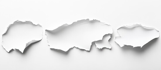 Torn white paper pieces on a white background arranged horizontally with clipping path for layered design and creative projects