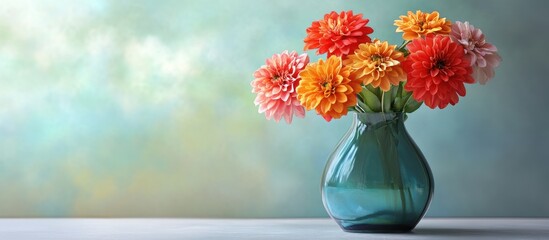 Obraz premium Vibrant bouquet of zinnia blossoms in a teal vase against a soft pastel background featuring warm orange and pink hues on the left side.