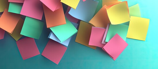 Vibrant assortment of sticky notes in various colors like pink, yellow, green, and blue scattered on a teal background creating a playful workspace.